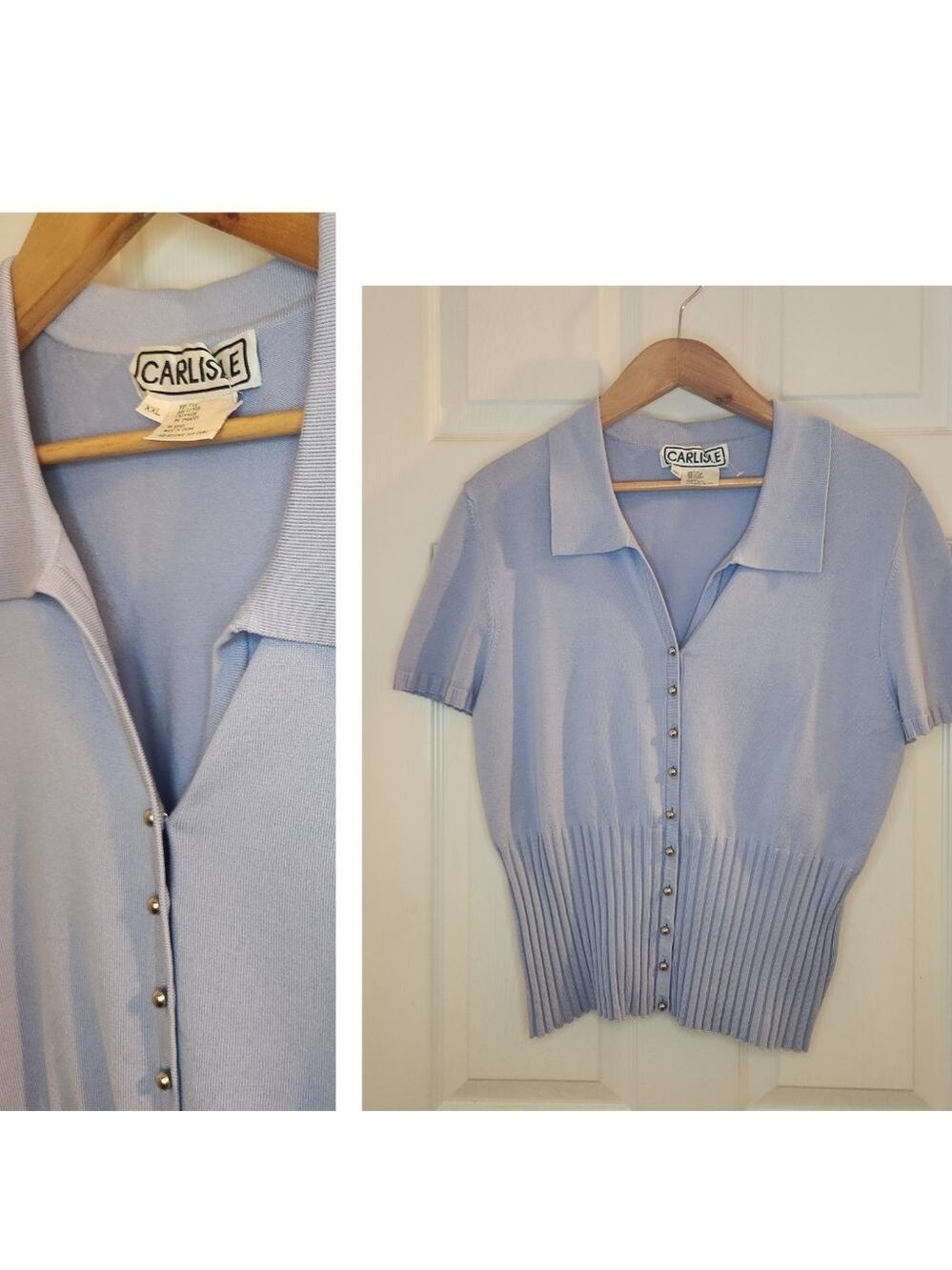 Carlisle Silk Short Sleeve Cardigan Sz: XXL Sky Blue Ribbed Bottom Button Up